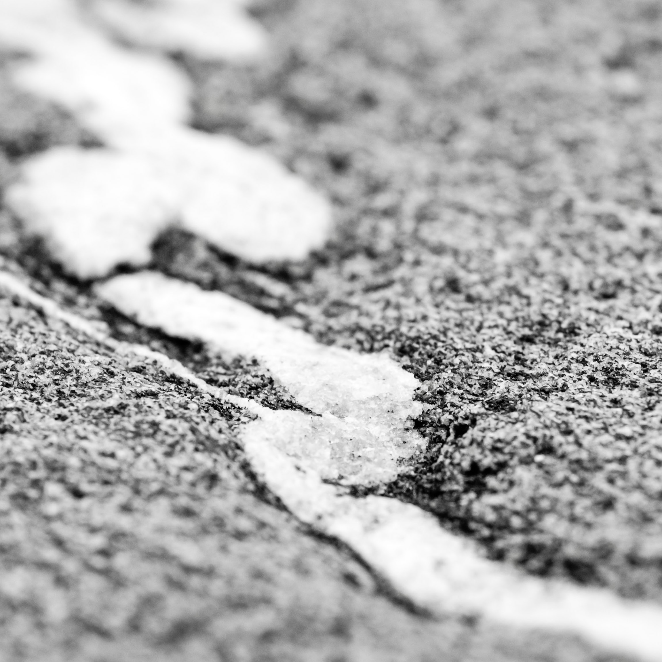 Close-up black and white photograph of a light mineral vein running through textured glacial rock on the Swedish west coast.